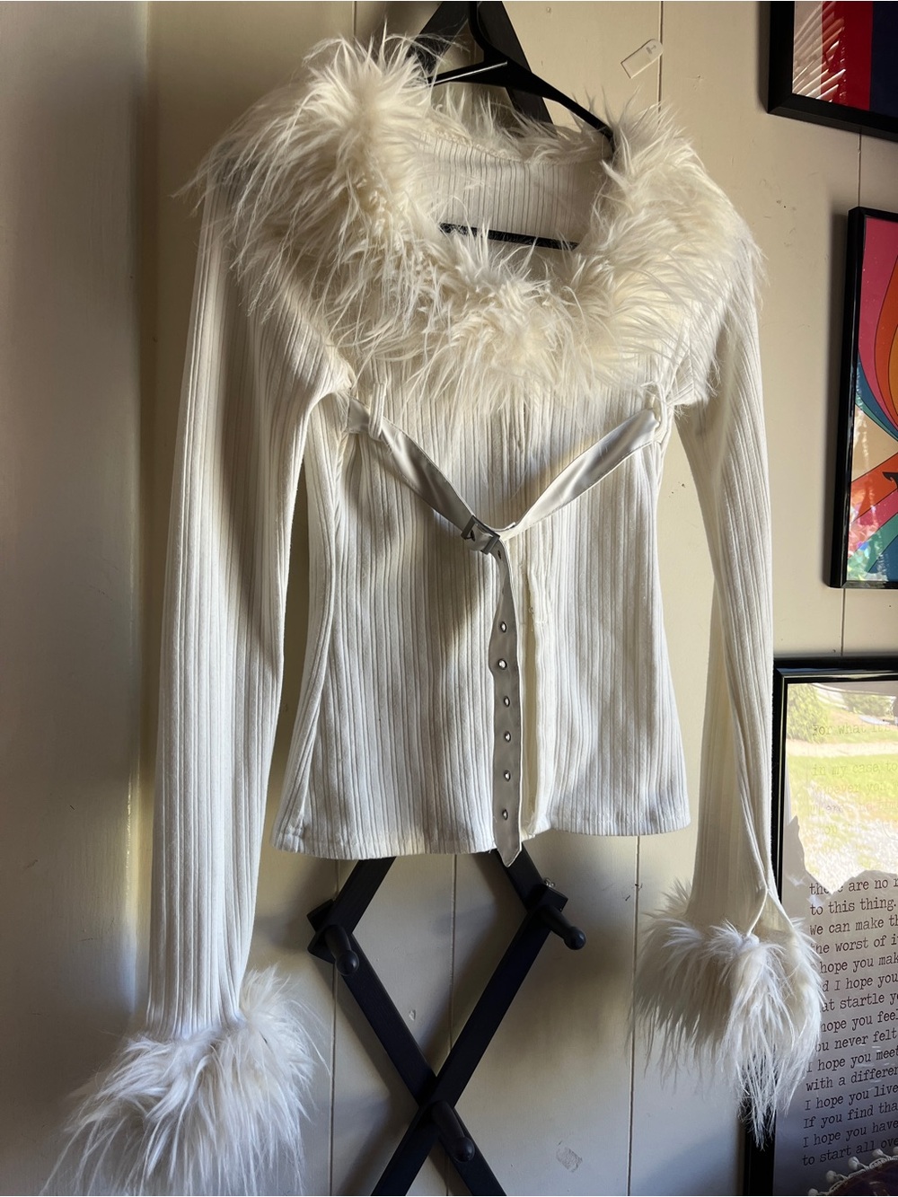 White Faux-Fur Trim Ribbed Button-Front Jacket - Picture 3 of 7